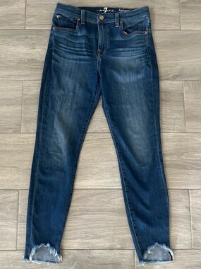 7 For All Mankind Dark Blue Skinny Jeans with Frayed Hem